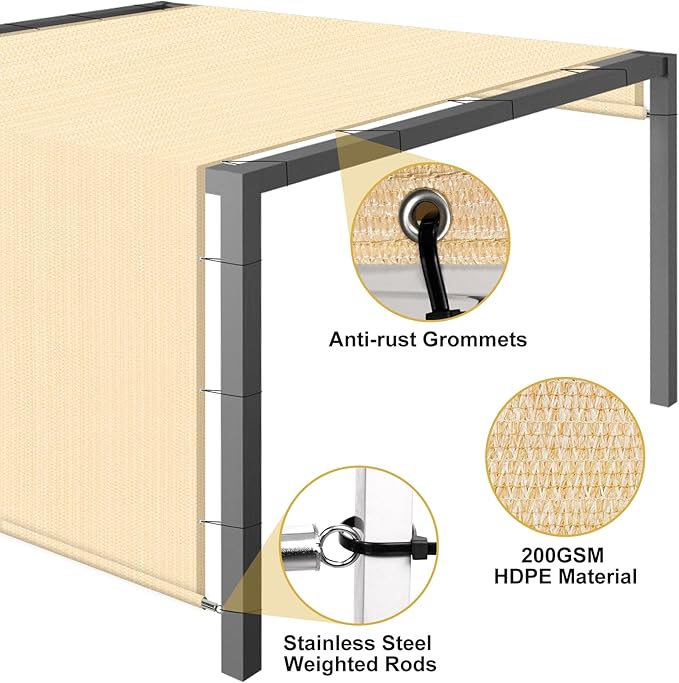 Shade&Beyond 6'x16' Pergola Shade Cover with Weighted Rods & Grommets, 90% UV Block Outdoor Sun Shade Cloth Canopy Replacement Cover for Patio Porch, Wheat