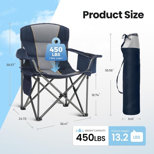 High Point Sports Oversized Portable Camping Chair - Heavy Duty, 450 LBS Support, 2 Pack, Blue | Includes Cup Holder & Cooler Bag