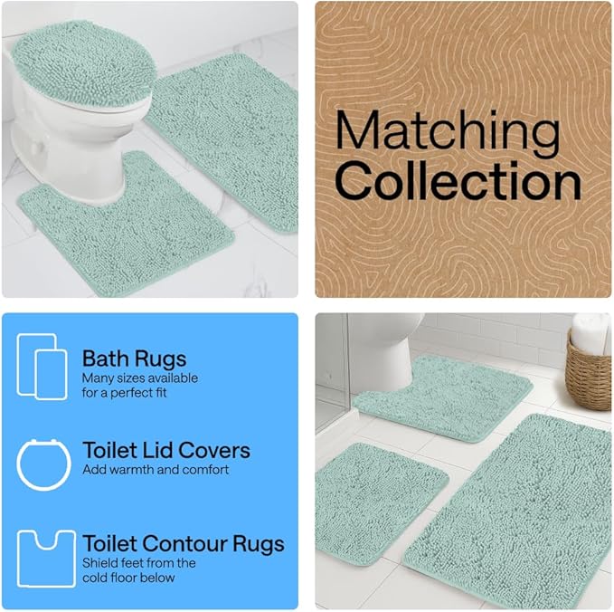 GORILLA GRIP Plush Absorbent Shaggy Chenille Bath Rug Mat for Square Toilet Base with Rubber Backing, Machine Washable Rugs, Soft Microfiber Contour Mats for Toilets, Bathroom Decor, Seablue