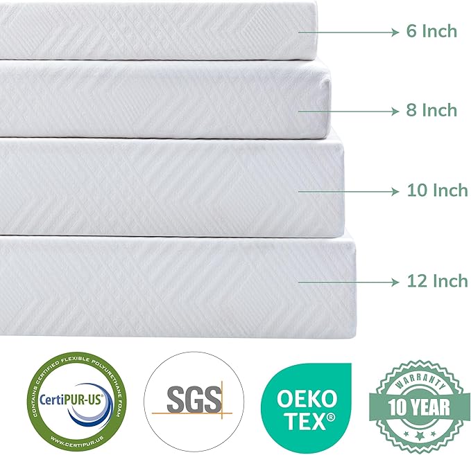 EGO White 10 inch Twin XL Memory Foam Mattress, Gel Green Tea Mattress Bed in a Box, CertiPUR-US Certified, 38"×80", Medium Firm