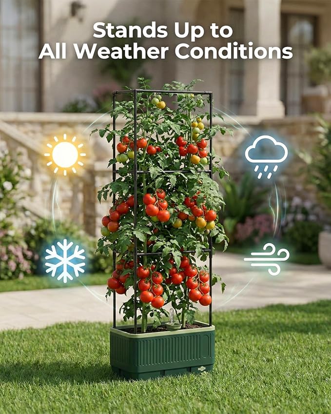 2 Pack Raised Garden Bed Planter Box with Trellis, Self Watering Tomato Planters for Climbing Plants, Tomato Cage Trellis for Vegetables & Vine Flowers Indoor Outdoor Patio