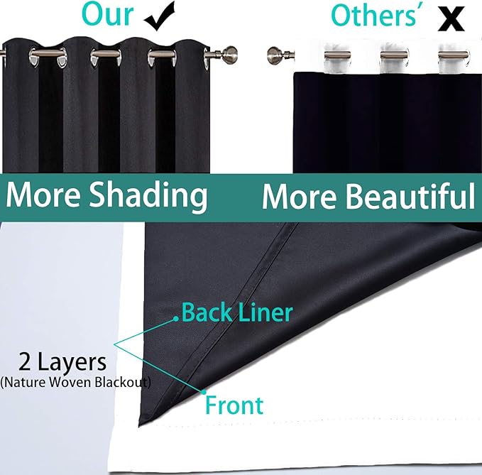 Yakamok White 100% Blackout Curtains, 2 Thick Layers Full Light Blocking