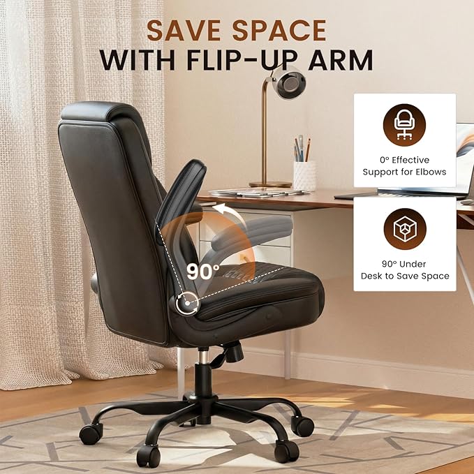 GTPLAYER Leather Office Chair, Home Desk Chair with Flip-up Arms and Ergonomic Back - Comfy Heavy Duty Executive Chair for Home Office Gaming, Black