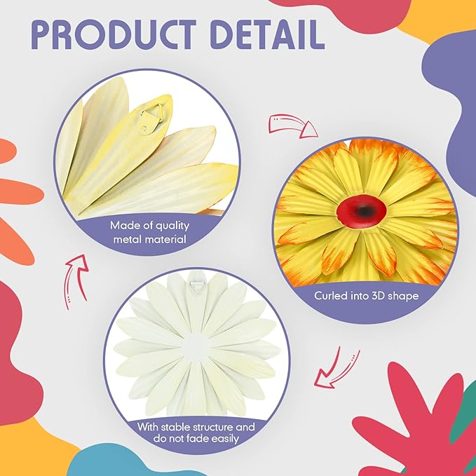 Zhehao 6 Pcs Flower Metal Wall Art Decor 8 Inch Flower Decorations for Indoor Outdoor, Hanging Sunflower Kitchen Decoration Metal Floral for Bathroom,Porch, Garden, Living Room, Yard(Cute Color)