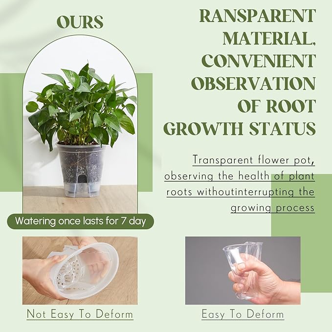 Wonderjune Self Watering Pots for Indoor Plants with Deep Reservoir and High Drainage Holes for Outdoor Plants and Flowers, Bare Root Planter(4.72'', 5.91'', 7.09'',Clear,6 Pcs)