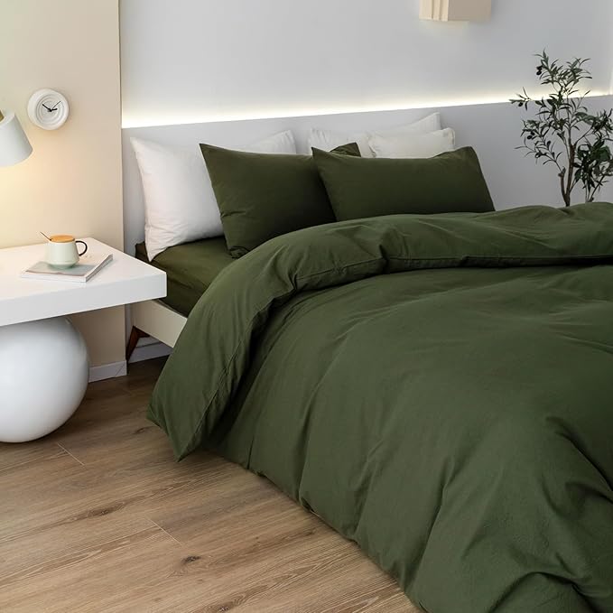JIYUAN 100% Washed Cotton Duvet Cover Set 3 PCS Oversized King Plus, 1 Duvet Cover 128"x120"(Comforter Not Included) and 2 Pillowcases,Linen Feel Bedding Set Comfy and Breathable,Olive Green
