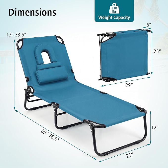 GYMAX Beach Lounge Chair, Sunbathing Chair Patio Lounge Chair Folding Adjustable Recliner with Hole for Face