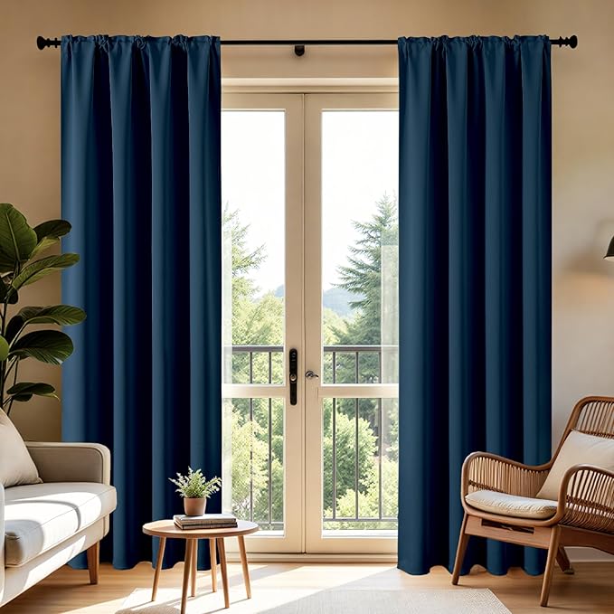 CUCRAF Navy Blue Blackout Curtains 84 inch Length 2 Panels Set, Rod Pocket Room