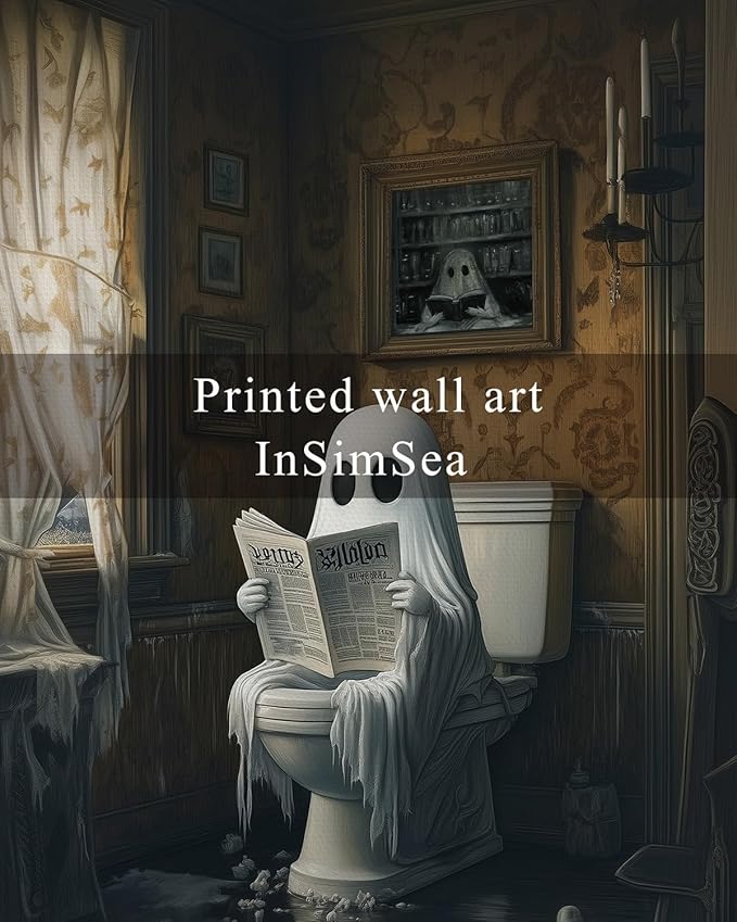 InSimSea Framed Canvas Prints Art Vintage Decor, Ghost on Toilet Bathroom Painting, Rustic Dark Academia Wall Art, Halloween Living Room Witchy Room Wall Cottagecore Decor, 12x16inch