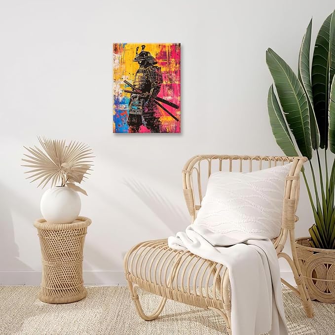 Japanese Wall Art, Graffiti Samurai Pictures Wall Decor, Banksy Samurai Canvas Prints, Japan Painting, Framed Artwork for Bathroom Living Room Bedroom Office Dining Room 24"X20"