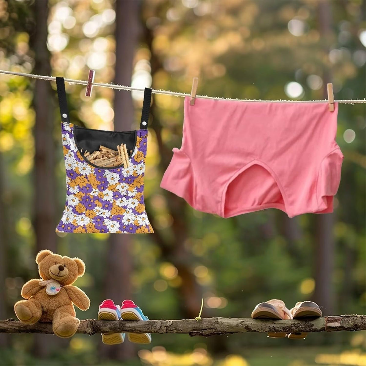 2 Pcs Clothes Pin Hanging Bag, Hippie Flower Multi-Functional Clothespin Bag for Clothes Pin Hanging Bag and Pin Bag Fits Outdoor Laundry Clothesline
