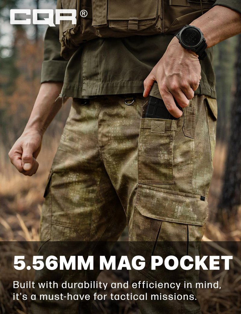 CQR Men's Tactical Pants, Water Resistant Ripstop Cargo Pants, Lightweight EDC Work Hiking Pants, Outdoor Apparel, Duratex Mag Pocket Print Fractal Camo, 34W x 32L