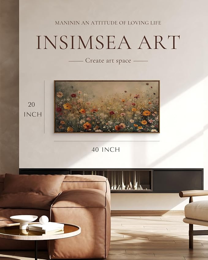 InSimSea Extra Large Framed Vintage Wall Art, Living Room Country Farmhouse Decor, Spring Flower Wildflower Landscape Canvas Prints, Retro Flowers Long Pictures for Bedroom Above of Bed, 20x40inch