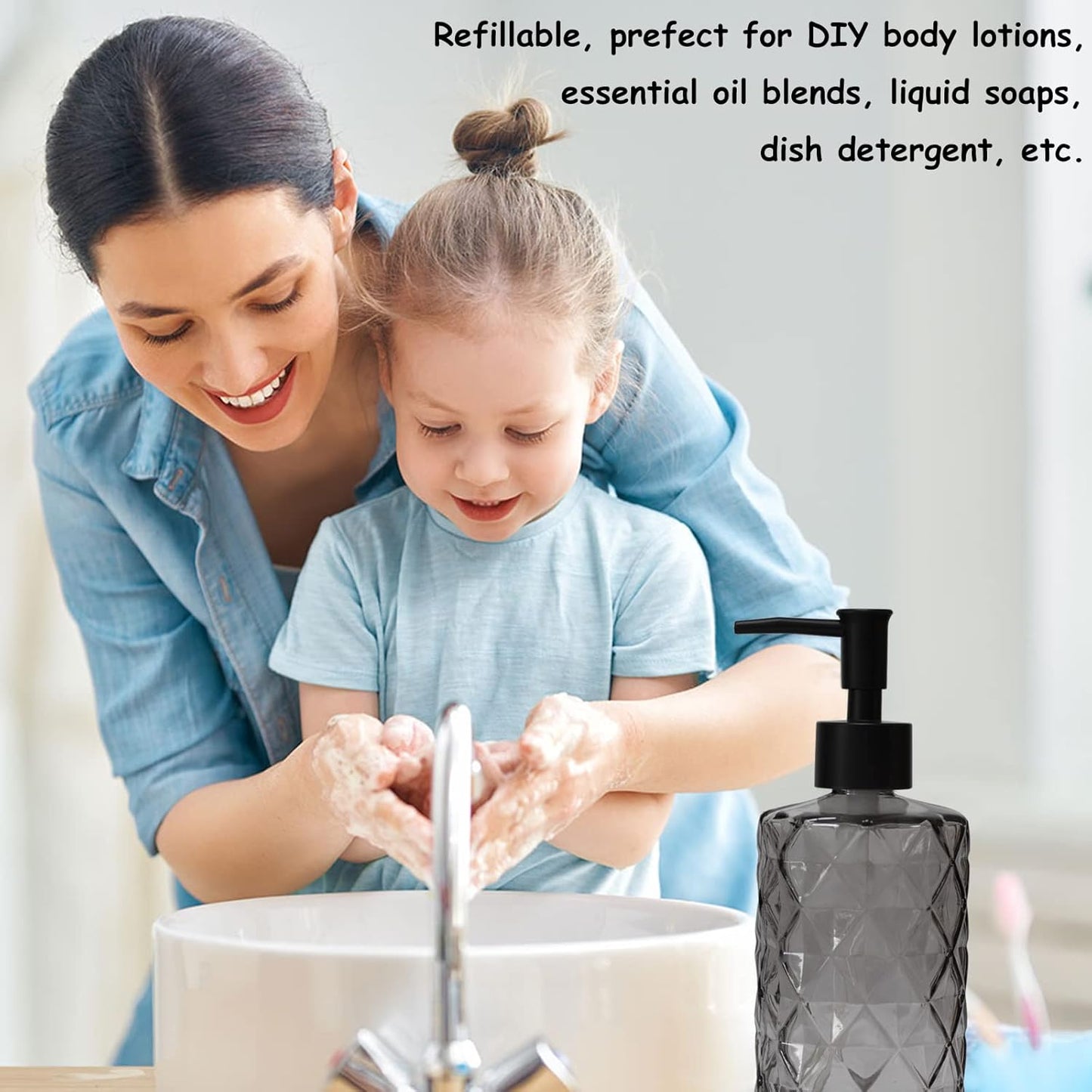 Glass Soap Dispenser with Black Plastic Pump, 12oz Refillable Liquid Hand Soap Dispenser, Crystal Lotion Bottle for Modern Home Decor, Bathroom, Kitchen Countertop, Hotel