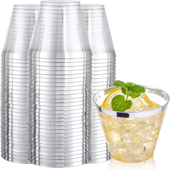 Nervure 120PCS Silver Plastic Cups - 9Oz Silver Rimmed Plastic Cups - Heavy Duty Plastic Cup with Silver Rim Perfect for Weddings, Receptions & Parties