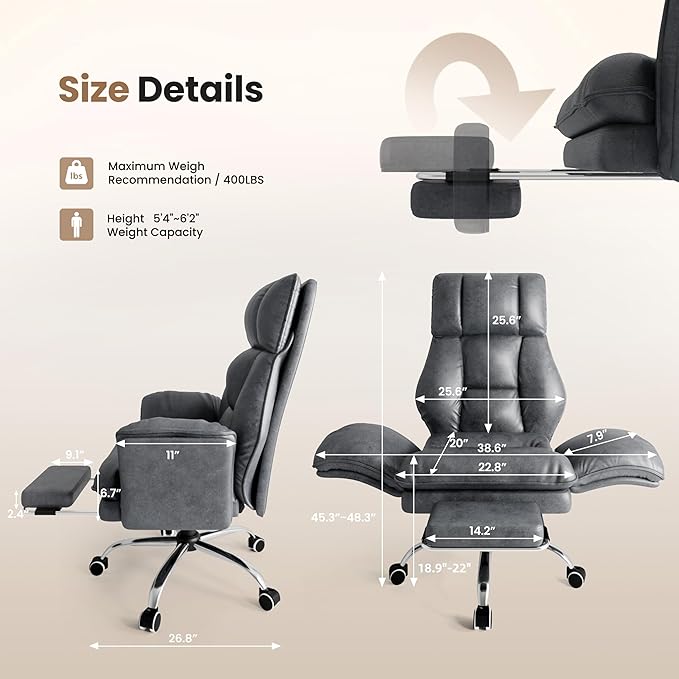 Big and Tall Office Chair, Flip Armrests for Pets & Cross Legged Sitting, Executive Ergonomic Computer Gaming Chair with Foot Rest, Gliter Fabric Wide Seat Reclining Desk Chair