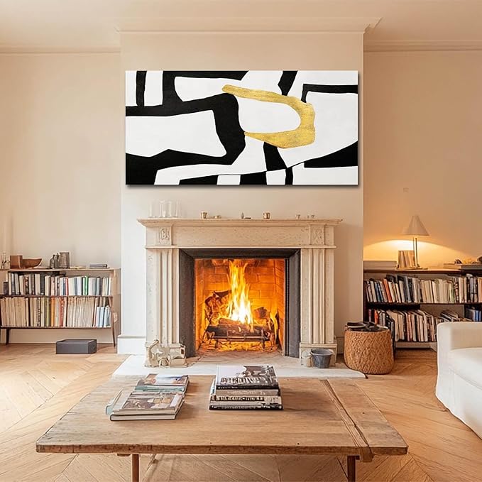 NBAODAN Minimalist Art Painting Gold Picture Wall Decor Large Abstract Wall Art for Bedroom Black Wall Decor for Living Room 29"x58" Framed Canvas Art