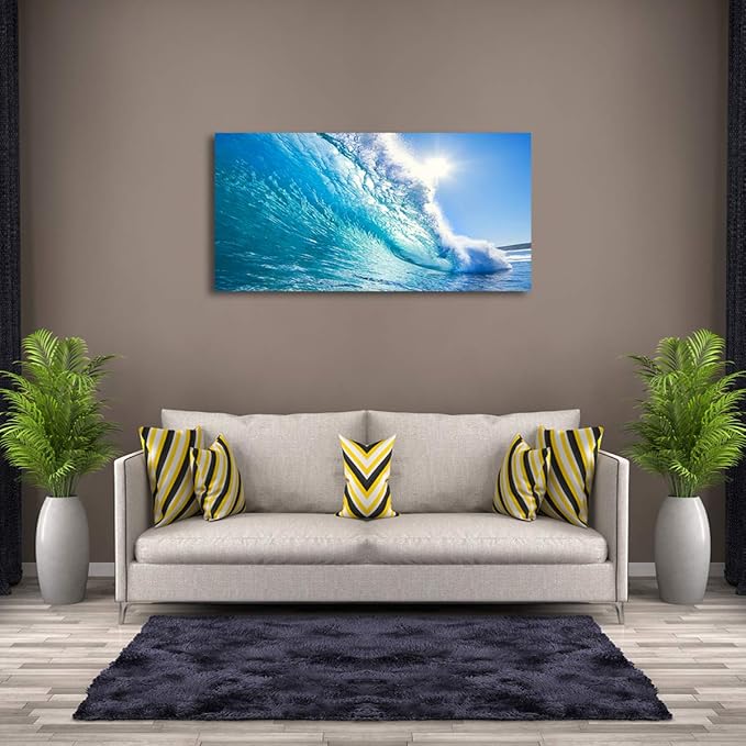 Haichuang Decor Art Ocean Wave Canvas Wall Art, 40x20 Inches Framed Turquoise Sea Wave Wall Decor, Wood Frame Waterproof HD Giclee Print, Ready to Hang Coastal Artwork for Living Room Bathroom Office