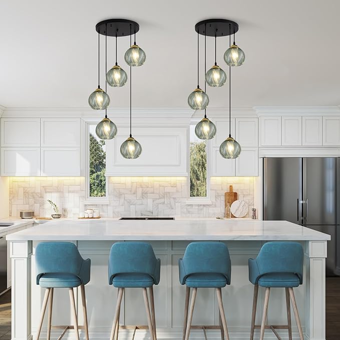 KCO Lighting 5 Light Cluster Pendant Lighting Black Globe Cluster Pendant Light Mid Century Modern Stairwell Chandelier Lighting Vintage Green Glass Pendant Light for Kitchen Island, L1170-G
