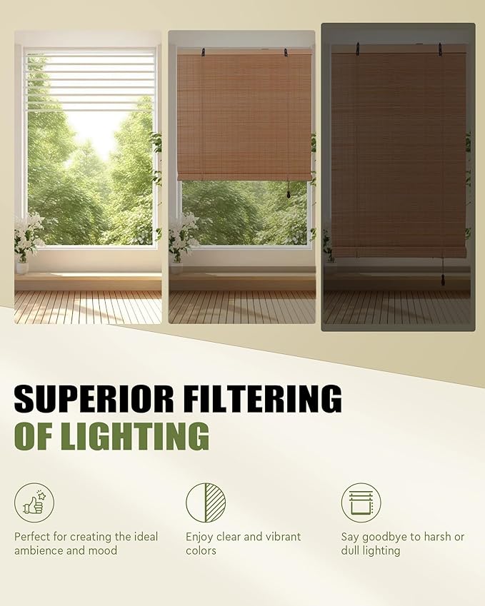 FoundGo Retro Bamboo Blinds 60" W x 72" H Bamboo Roman Shades Light Filtering