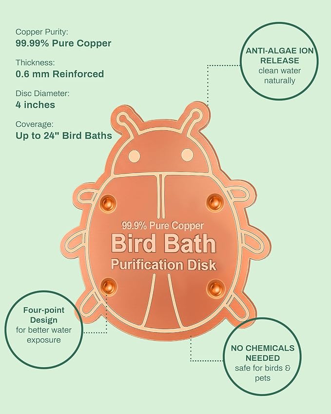 Bird Bath Purification Disk Pure Copper Outside Winter Solar Power Birdbath Heater Deicer Bowl Safe Ground Garden Hummingbird Pedestal Fountain Cleaner Outside Hanging Bowl Dispenser Ladybug