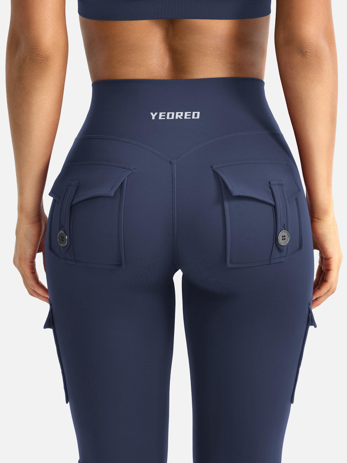 YEOREO CoreFlex Women Workout Flare Leggings with Pockets Hidden Scrunch High Waisted Cargo Gym Yoga No Front Seam Leggings Navy M