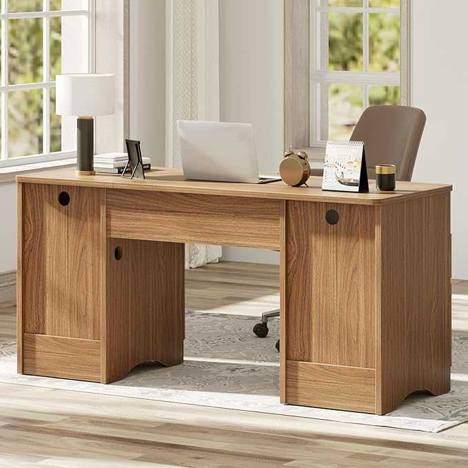 Bestier 59 inch Office Desk with 2 Drawer, Computer Desk with File Cabinet & 2 Open Storage, Modern Fluted Wood Desk for Home Office Bedroom Study, Natual Oak
