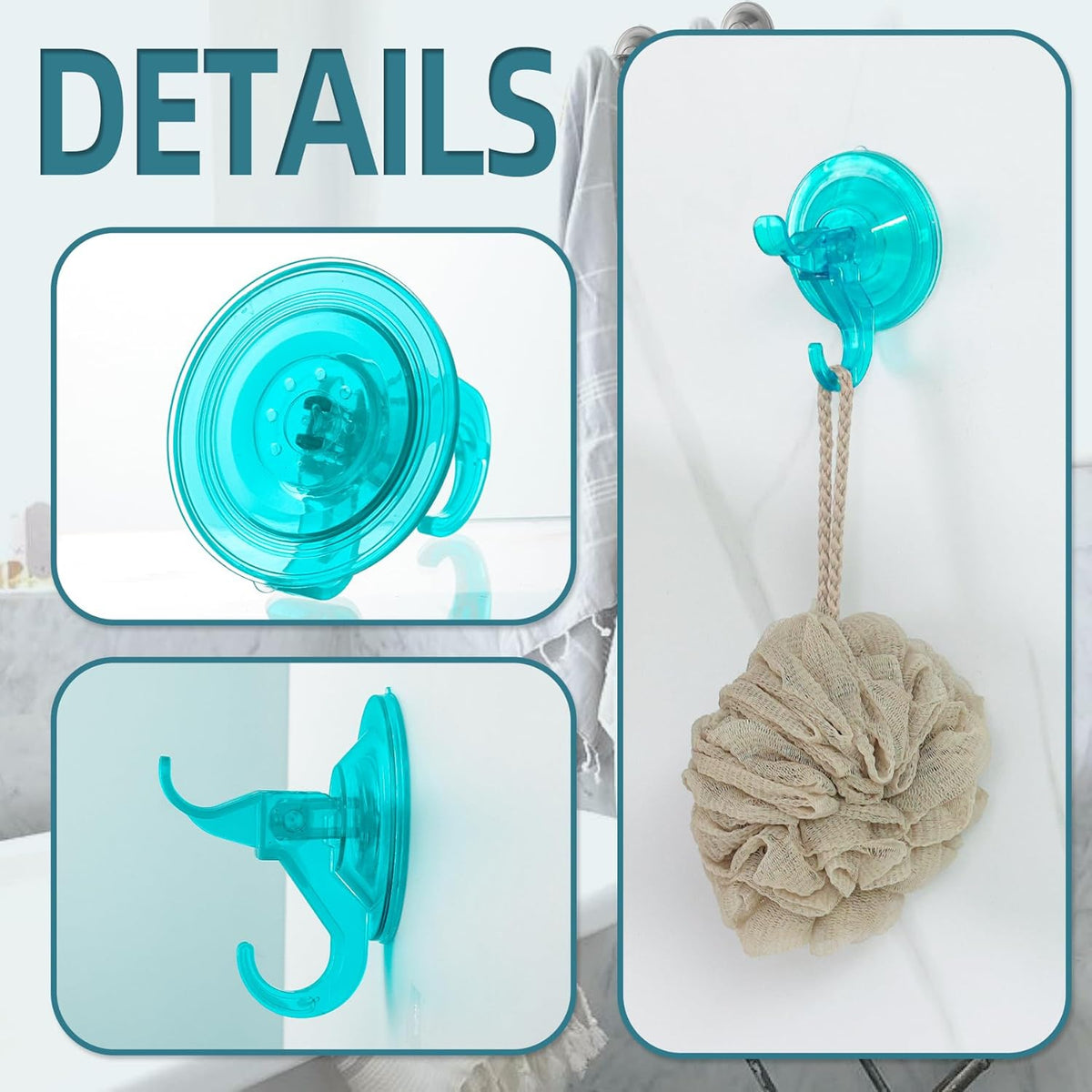 Antimbee 3 Pack Suction Cup Hooks, Clear Shower Suction Hanger, Removable Reusable Bathroom Suction Hooks for Window, Tile Wall, Glass Door-Up to 11 lbs on Smooth Surface (Transparent Cyan)