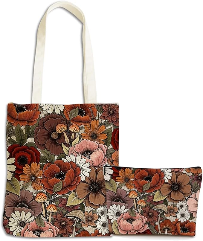Flower Plant Lover Gifts for Women Canvas Tote Bag with Makeup Bag Cosmetic Bags Grocery Bags for Shopping Christmas