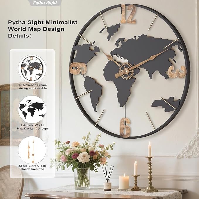 Pytha Sight 24 Inch Large Wall Clock, Modern Decorative Big World Map