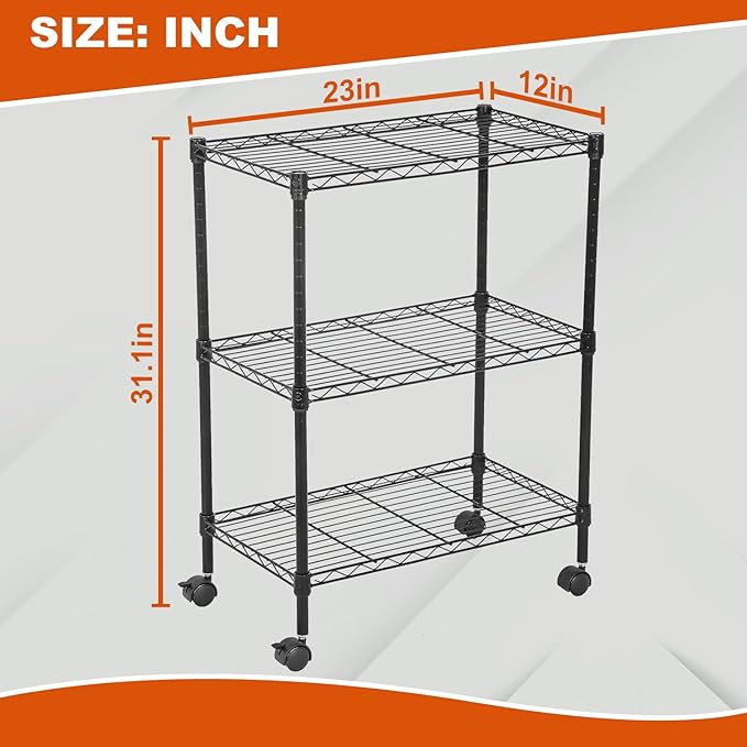 PayLessHere 3-Tier Adjustable Metal Storage Rack with Wheels Mesh Shelving Unit Heavy Duty Storage Shelving Unit,Black