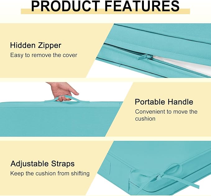downluxe Waterproof Outdoor Chair Cushions for Patio Furniture, 22" x 22" x 3" Patio Chair Cushion with Adjustable Ties & Portable Handle, Square Outdoor Cushion with Removable Cover, Teal, 2 Pack