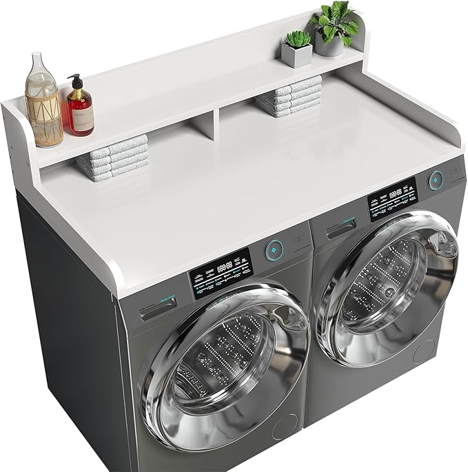 2-Tier Washer Dryer Countertop with 2.75"H Edge Rails, 54" W x 27.55" D Laundry Countertop for Folding Clothes, Washer and Dryer Topper with Non-Slip Pad (White)