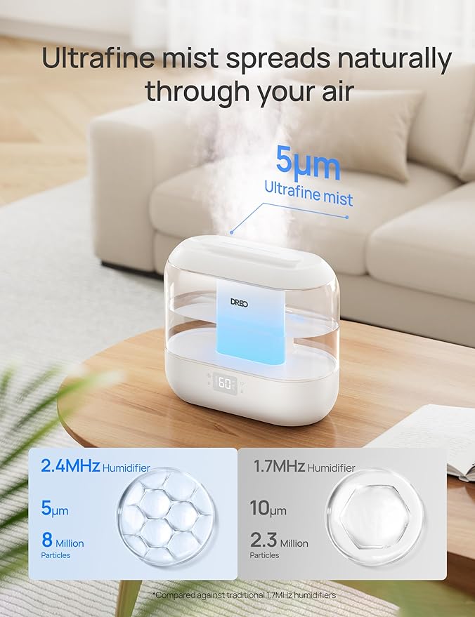 Dreo Smart Humidifier, Cool Mist Humidifiers for Bedroom, Quiet 4L Top Fill Ultrasonic Humidifiers for Home Office Plant & Baby with Nightlight, LED Display, 36H Runtime, APP/Voice Control, HM311S
