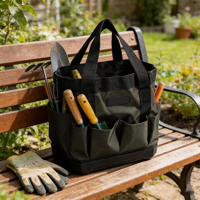 banapoy Tool Bag, 30 x 30 x 23cm Oxford Cloth Heavy Duty Gardening Tote Toolbox with 15 Pockets, Wide Mouth Tool Storage Bag Organizer for Electrician Mechanic Men