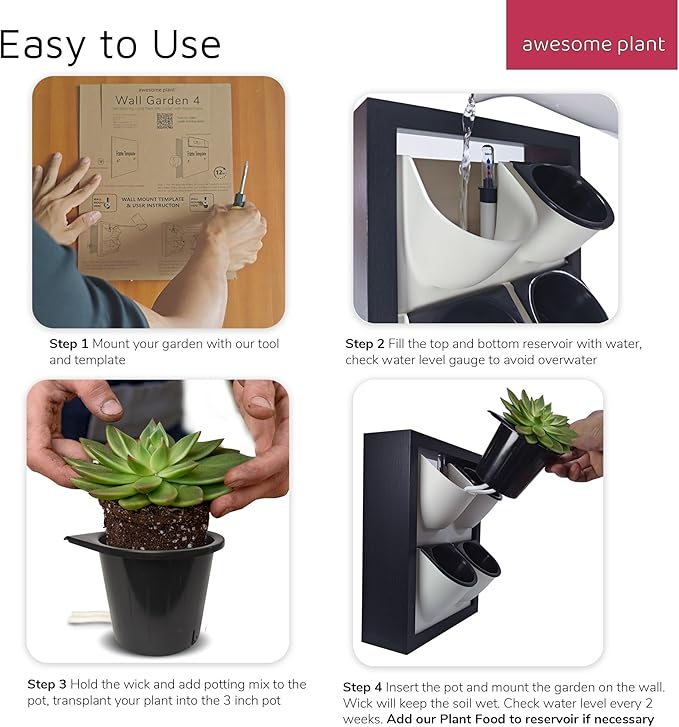 Wall Garden 4 Vertical Wall Planter, 4 Pots Wood Frame Self Watering Living