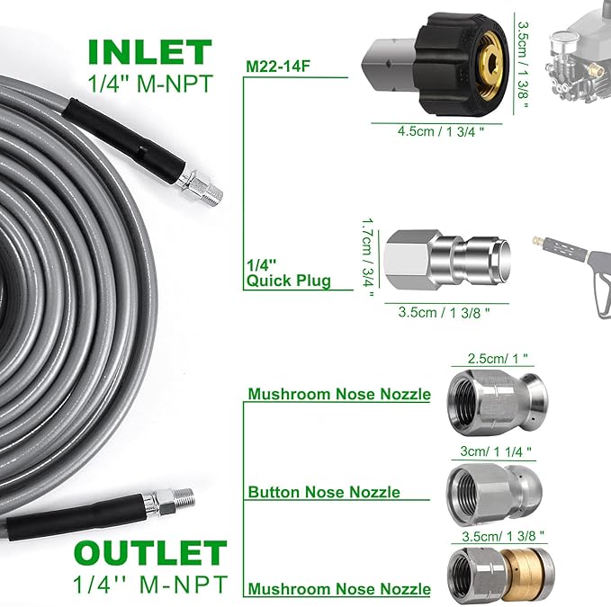 Sewer Jetter Kit 100FT for Pressure Washer, 5800PSI Drain Cleaner Hose 1/4 Inch NPT, Corner, Rotating & Button Nose Sewer Jetting Nozzle with Spanner Watertight Tape Pearl Corsage Pin (Gray Hose)