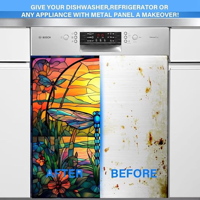 Dragonfly Dishwasher Magnet Cover for Home Appliance, Colorful Glass Art Vinyl Decal for Dish Washer Magnetic Sticker, Spring Flowers Refrigerator Panel Door Cover (23" x 26" Magnetic)