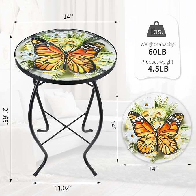 VCUTEKA Patio Side Table Outdoor Accent Table Small Mosaic Table Coffee Table End Table Porch Table Indoor Outdoor Round Glass Balcony Bistro Plant Stands Yellow Butterfly 14 inches