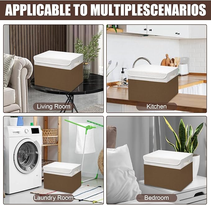 Large 17" 42 Quarts Collapsible Stackable Storage Bins with Lids [3-Pack] Foldable Fabric Linen Storage Boxes Cube, Closet Organizer Baskets with Label for Home (16.7 x 12 x 12", Brown & White)