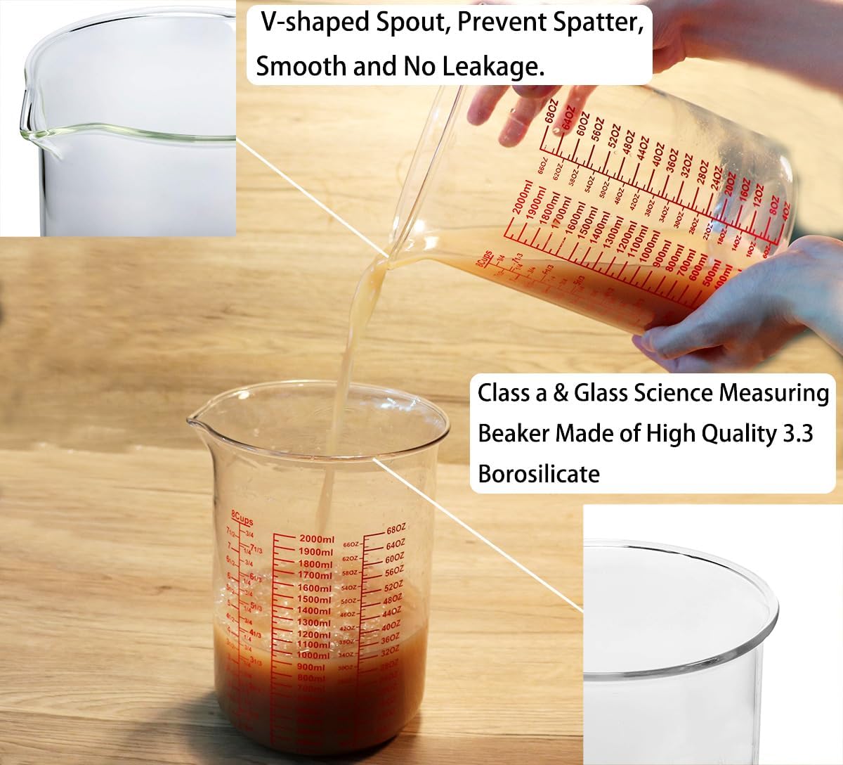 High Borosilicate Glass Measuring Cup-V-Shaped Spout，Glass Measuring Beaker for Kitchen or Restaurant, Easy to Read, 2000 ML (64 Oz, 8Cup)