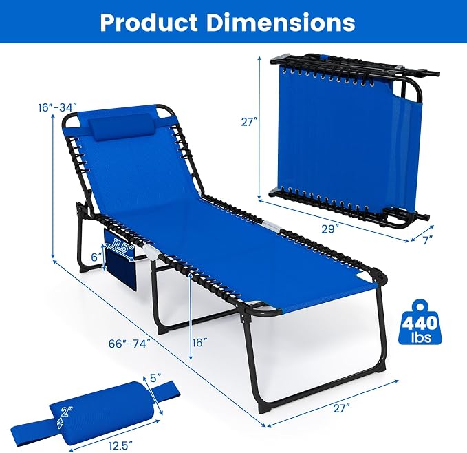 Goplus Extra Large Lounge Chair Outdoor, 27” Wide Folding 5-Position Tanning Chair with Detachable Pillow, Side Pocket, 16” High Chaise Lounger, Patio Lounge Chair for Yard Pool Yard