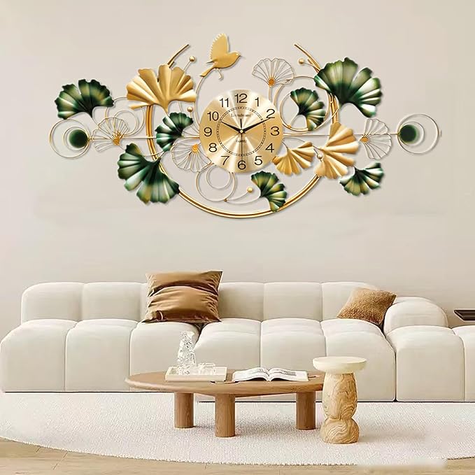 Large Wall Clock for Living Room, 3D 47 Inch Metal Ginkgo Leaf Wall Decor