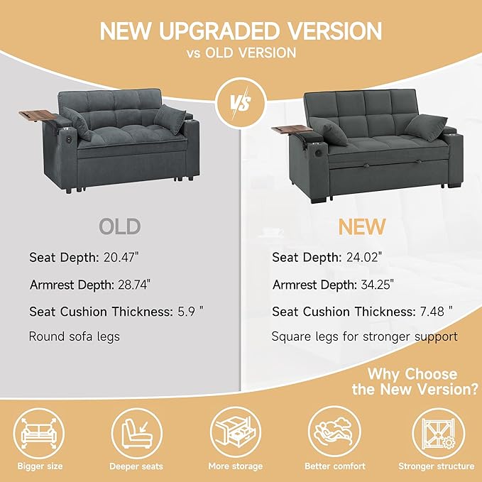 66" Multi-Functional Pull-Out Sofa Bed with Hidden Side Table, Storage Armrests, Built-in Charging Port, Spring Mattress, Solid Wood Frame – Ideal for Small Spaces, Easy Assembly