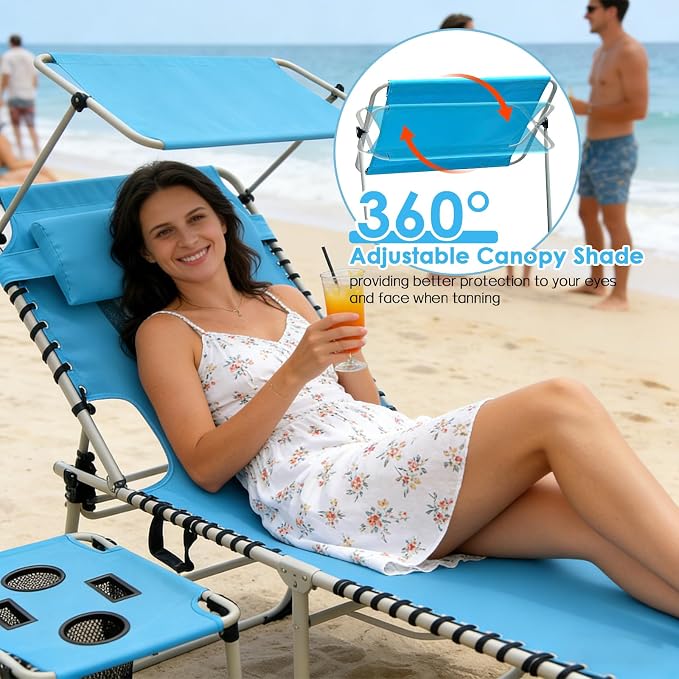 Outdoor Tanning Chair with Sun Canopy Shade & Face Hole, Folding Lounge Chair with Beach Table and Carry Bag for Poolside Sunbathing Lawn