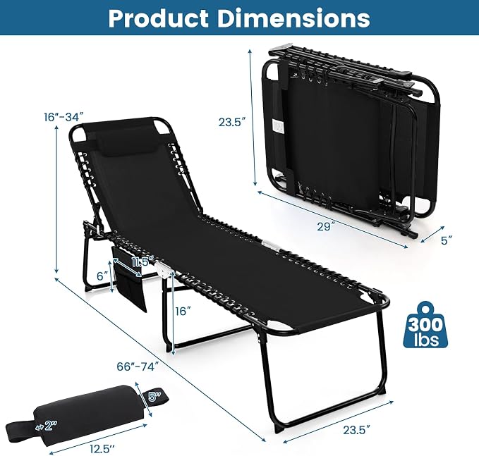 Goplus Chaise Lounge Chair, Folding 5-Postion Beach Lounge Chair with Detachable Pillow, Sunbathing Lounger, Adjustable Tanning Chair for Patio Lawn Pool Yard Outdoor