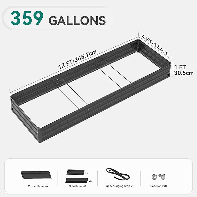 DWVO 2pcs 12 x 4 x 1 FT Raised Garden Bed Kit, Outdoor Galvanized Flower Bed with Safety Rubber and Gloves, Large Metal Planter Box for Vegetables, Flowers, Herbs, Fruits, Black