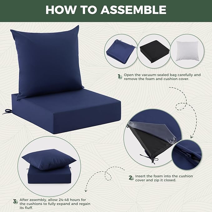 Outdoor Cushions for Patio Furniture, Outdoor Seat Cushion Set 24 x 24 x 4 Inch, Waterproof & Fade Resistant Outdoor Chair Cushions, Deep Seat Patio Cushion with Removable Cover, Navy Blue