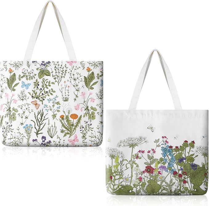 Bencailor 2 Pcs Spring Flower Canvas Tote Bags Reusable Wildflowers Herbs Plant Grocery Bags for Women Shopping Spring Gifts(Classic)