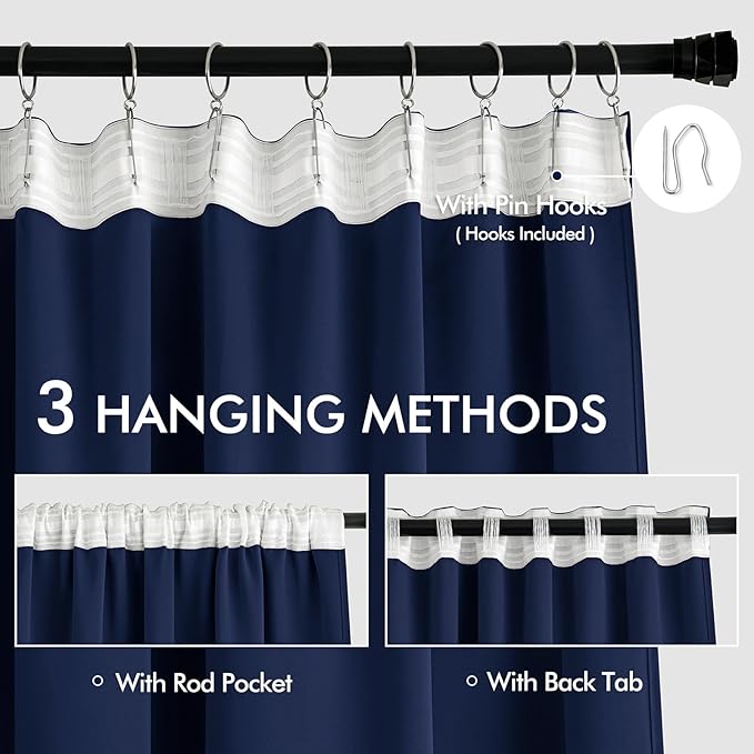 MIULEE Navy Blue Back Tab Blackout Curtains 102 Inch Long 2 Panels Set